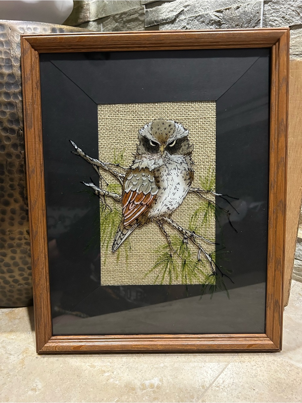 Vintage framed wildlife reverse glass painting of an Owl